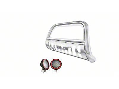 Bull Bar with Stainless Steel Skid Plate and 5.30-Inch Red Round Flood LED Lights; Stainless Steel (10-24 4Runner, Excluding Nightshade & 14-24 Limited)