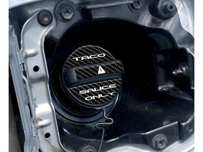 Taco Sauce Only Fuel Cap Overlay; Domed Carbon Fiber with White Text (05-23 Tacoma)