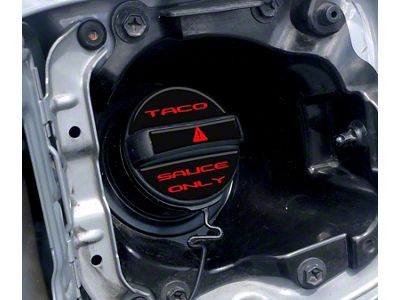 Taco Sauce Only Fuel Cap Overlay; Gloss Black with Red Text (05-23 Tacoma)