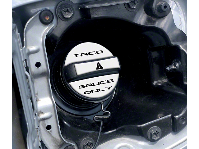 Taco Sauce Only Fuel Cap Overlay; Gloss White with Black Text (05-22 Tacoma)