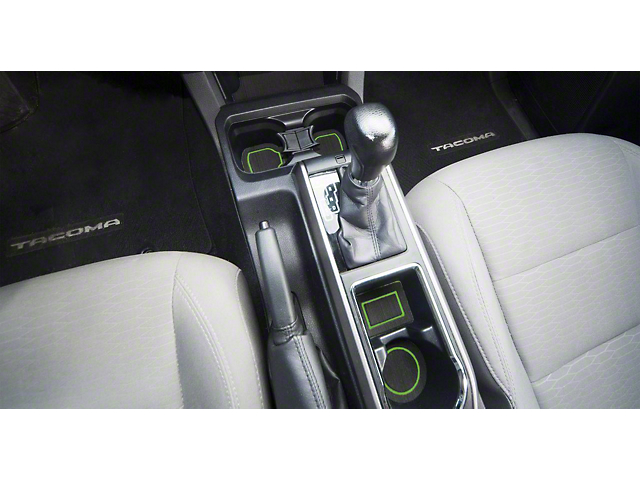 Center Console Cup Holder Inserts with QI Phone Charger Insert; Black/Green (16-22 Tacoma w/ Automatic Transmission)