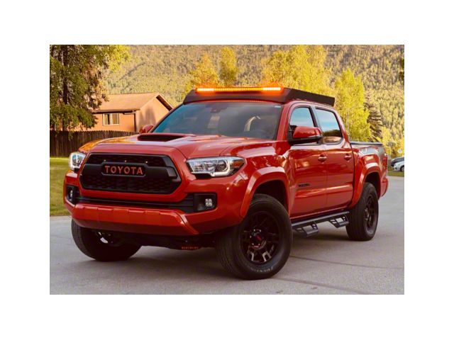 Cali Raised LED Economy Roof Rack with 42-Inch Single Row Amber LED Light Bar and Tall Blue OEM Style Switch (05-23 Tacoma Double Cab)