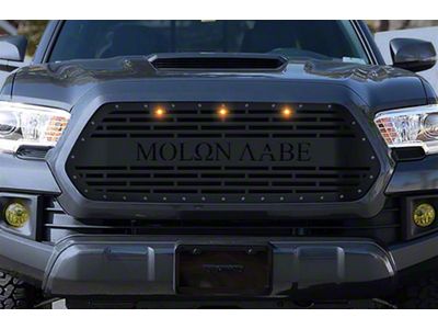 1-Piece Steel Upper Replacement Grille; Molon Labe with Amber Raptor Lights (16-17 Tacoma)