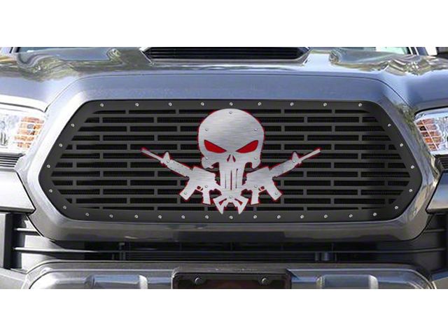 1-Piece Steel Upper Replacement Grille; Punisher AR-15 Stainless Steel Red Acrylic Underlay (16-17 Tacoma)