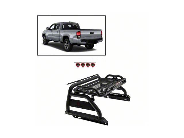 Atlas Roll Bar with 7-Inch Red Round LED Lights for Tonneau Cover; Black (05-23 Tacoma)