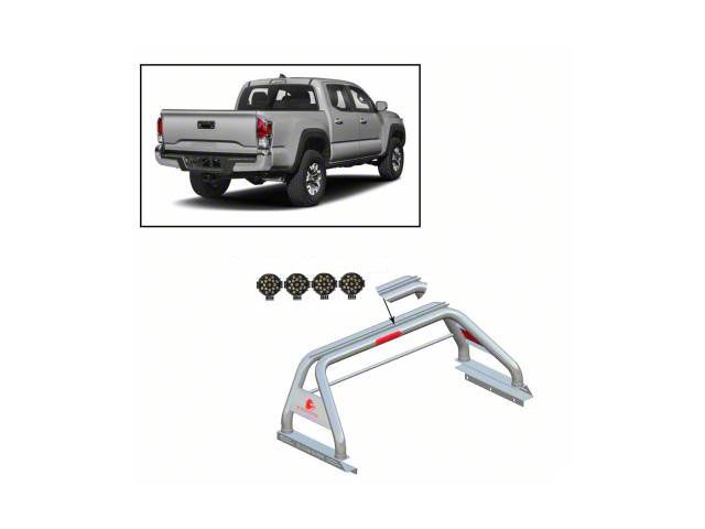 Classic Roll Bar with 7-Inch Black Round LED Lights for Tonneau Cover; Stainless Steel (05-23 Tacoma)