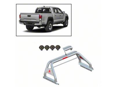 Classic Roll Bar with 7-Inch Black Round LED Lights for Tonneau Cover; Stainless Steel (05-23 Tacoma)