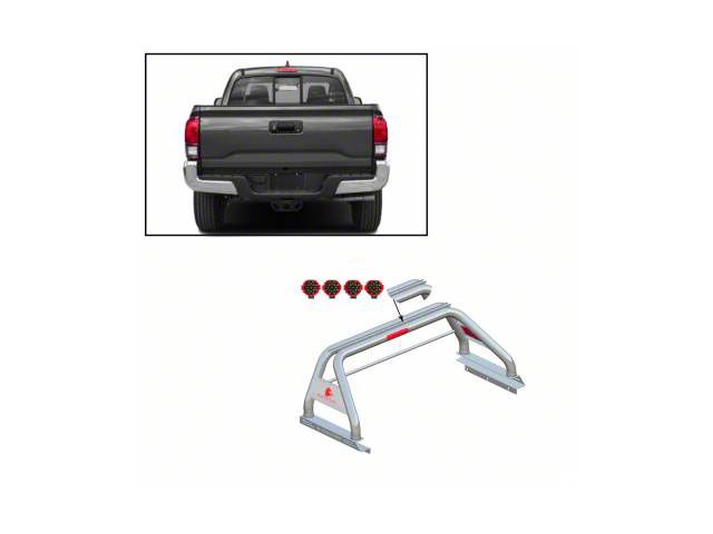 Classic Roll Bar with 7-Inch Red Round LED Lights for Tonneau Cover; Stainless Steel (05-23 Tacoma)