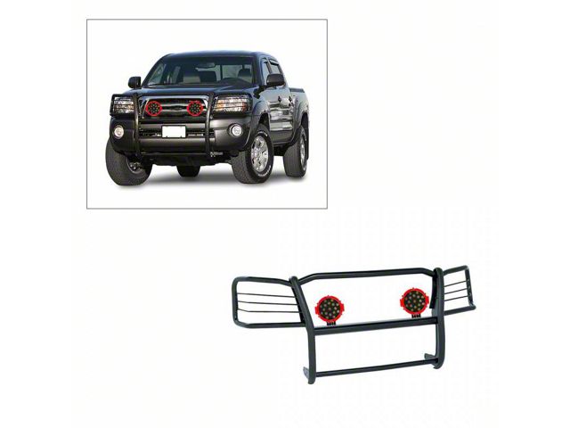Grille Guard with 7-Inch Red Round LED Lights; Black (05-15 Tacoma)
