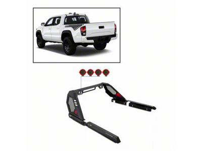 Vigor Roll Bar with 7-Inch Red Round LED Lights and LED Cube Lights; Black (05-23 Tacoma)