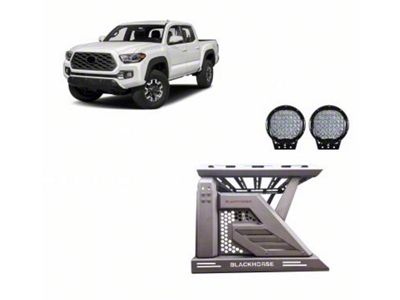 Armour II Roll Bar with 9-Inch Black Round Flood LED Lights and Basket; Black (05-23 Tacoma)