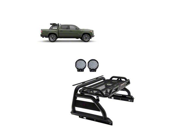 Atlas Roll Bar for Tonneau Cover with 9-Inch Black Round LED Lights; Black (05-23 Tacoma)