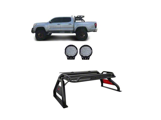 Atlas Roll Bar with 9-Inch Black Round LED Lights; Black (15-23 Tacoma)