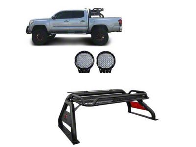Atlas Roll Bar with 9-Inch Black Round LED Lights; Black (15-23 Tacoma)
