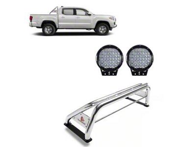 Classic Roll Bar with 9-Inch Black Round LED Lights; Stainless Steel (15-23 Tacoma)
