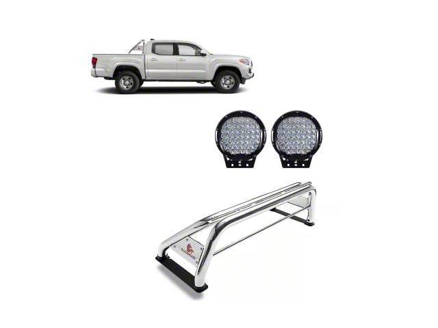 Classic Roll Bar with 9-Inch Black Round LED Lights; Stainless Steel (15-23 Tacoma)