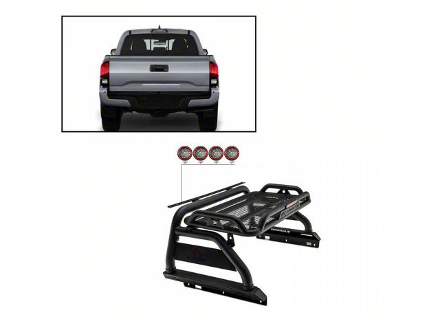 Atlas Roll Bar for Tonneau Cover with 5.30-Inch Red Round Flood LED Lights; Black (05-23 Tacoma)