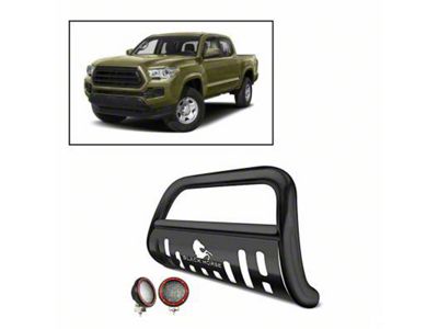 Bull Bar with 5.30-Inch Red Round Flood LED Lights; Black (16-23 Tacoma)