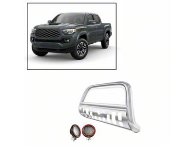 Bull Bar with 5.30-Inch Red Round Flood LED Lights; Stainless Steel (16-23 Tacoma)