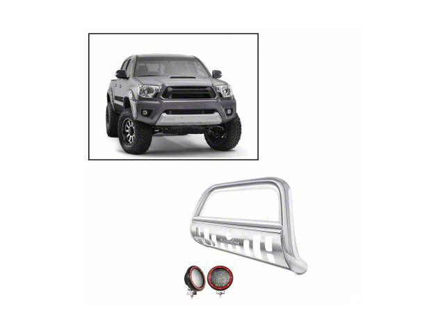 Bull Bar with Stainless Steel Skid Plate and 5.30-Inch Red Round Flood LED Lights; Stainless Steel (05-15 Tacoma)