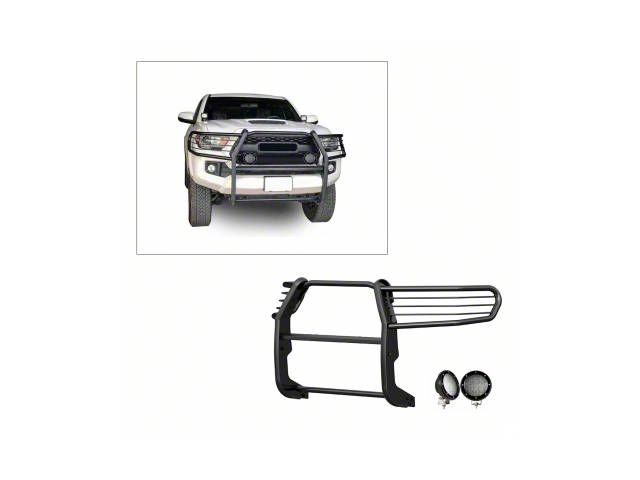 Grille Guard with 5.30-Inch Black Round Flood LED Lights; Black (16-23 Tacoma)