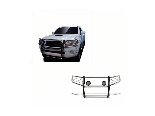 Grille Guard with 5.30-Inch Black Round Flood LED Lights; Stainless Steel (05-15 Tacoma)