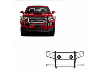 Grille Guard with 5.30-Inch Black Round Flood LED Lights; Stainless Steel (16-23 Tacoma)