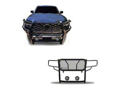 Rugged Heavy Duty Grille Guard with 5.30-Inch Black Round Flood LED Lights; Black (16-23 Tacoma)