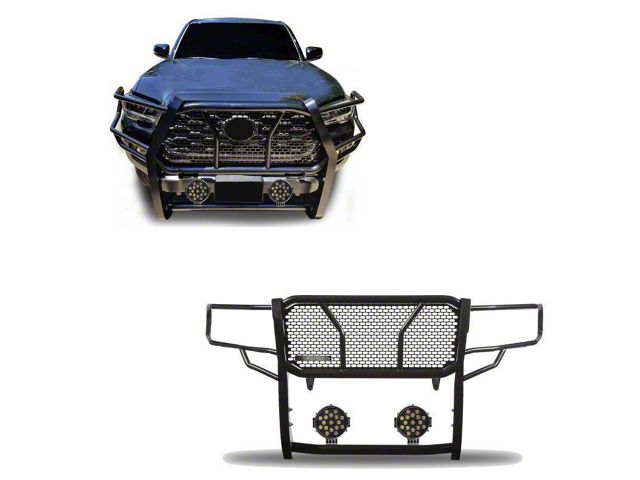 Rugged Heavy Duty Grille Guard with 7-Inch Black Round LED Lights; Black (16-23 Tacoma)