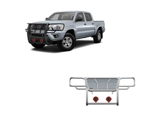 Rugged Heavy Duty Grille Guard with 7-Inch Red Round Flood LED Lights; Black (05-15 Tacoma)