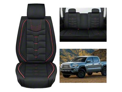 Nilight Waterproof Leather Front and Rear Seat Covers; Black and Red (05-24 Tacoma Double Cab)