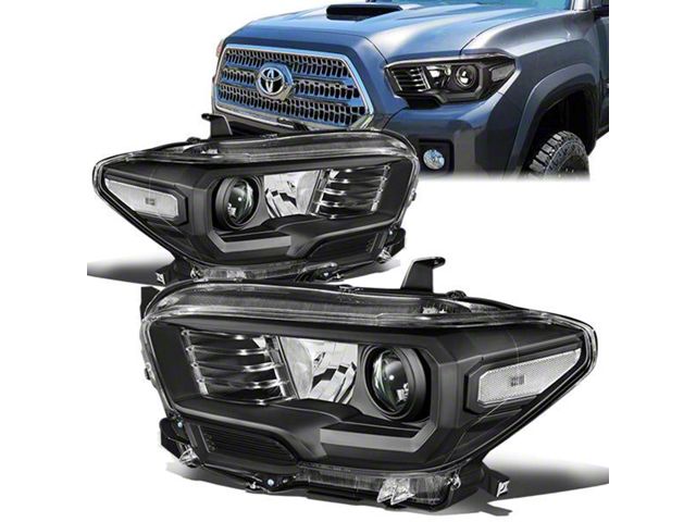 Factory Style Projector Headlights with Clear Corners; Black Housing; Clear Lens (16-18 Tacoma w/o Factory LED DRL)
