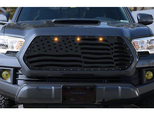 1-Piece Steel Upper Grille Overlay with Amber Raptor Lights; American Flag Wave (16-17 Tacoma)