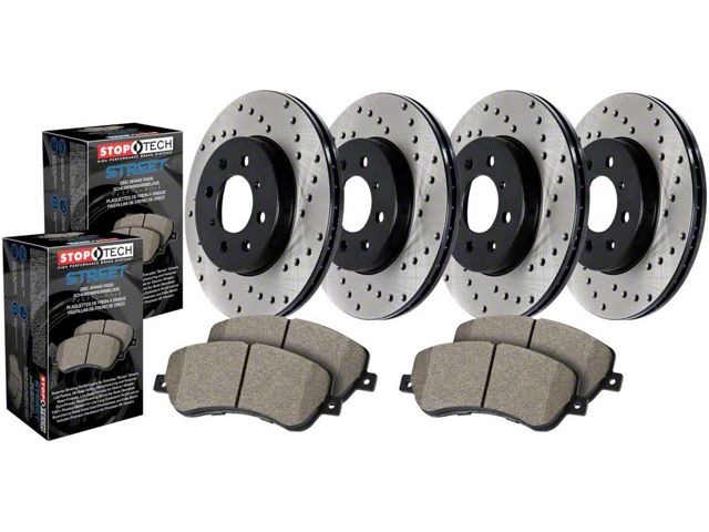 StopTech Street Axle Drilled 5-Lug Brake Rotor and Pad Kit; Front and Rear (07-21 Tundra)