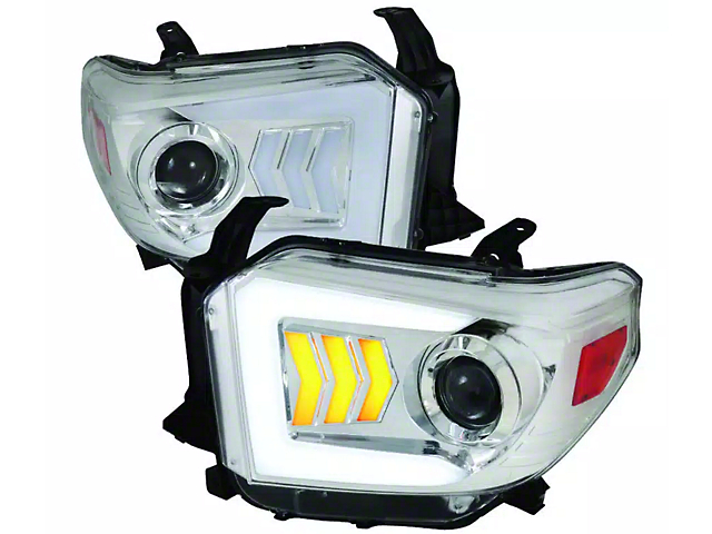 Light Bar DRL Projector Headlights with Sequential Turn Signals; Chrome Housing; Clear Lens (14-21 Tundra w/ Factory Halogen Headlights)