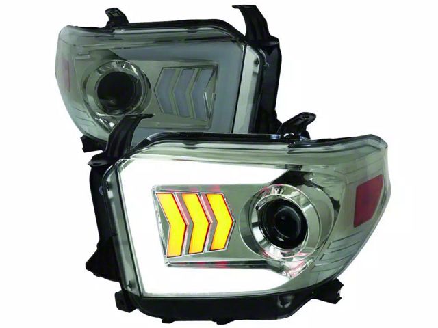 Light Bar DRL Projector Headlights with Sequential Turn Signals; Chrome Housing; Smoked Lens (14-21 Tundra w/ Factory Halogen Headlights)
