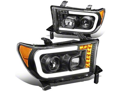 LED DRL Projector Headlights with Amber Corners; Black Housing; Clear Lens (07-13 Tundra w/o Level Adjuster)