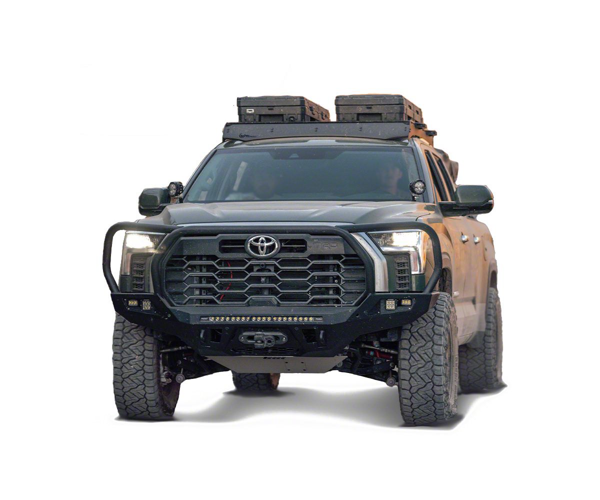 Prinsu Roof Rack with 40-Inch LED Light Bar Cutout Wind Deflector; Bare Aluminum (22-23 Tundra CrewMax)