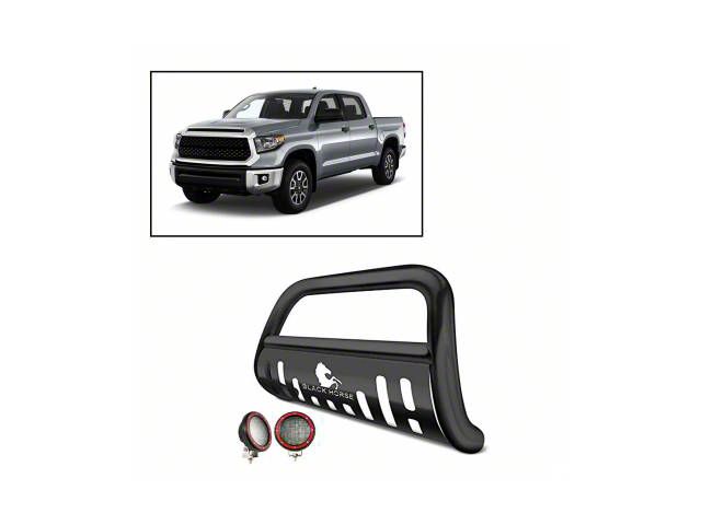 Bull Bar with Black Skid Plate and 5.30-Inch Red Round Flood LED Lights; Black (07-21 Tundra)