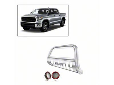 Bull Bar with Stainless Steel Skid Plate and 5.30-Inch Red Round Flood LED Lights; Stainless Steel (07-21 Tundra)