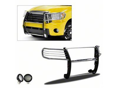 Grille Guard with 5.30-Inch Black Round Flood LED Lights; Stainless Steel (07-21 Tundra)