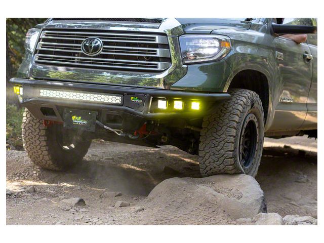 Ironman 4x4 Raid Series Front Bumper with 32-Inch Bright Saber LED Light Bar, Two Spot Beam Clear, Two Spot Beam Amber and Two Amber Work LED Cube Lights (14-21 Tundra)