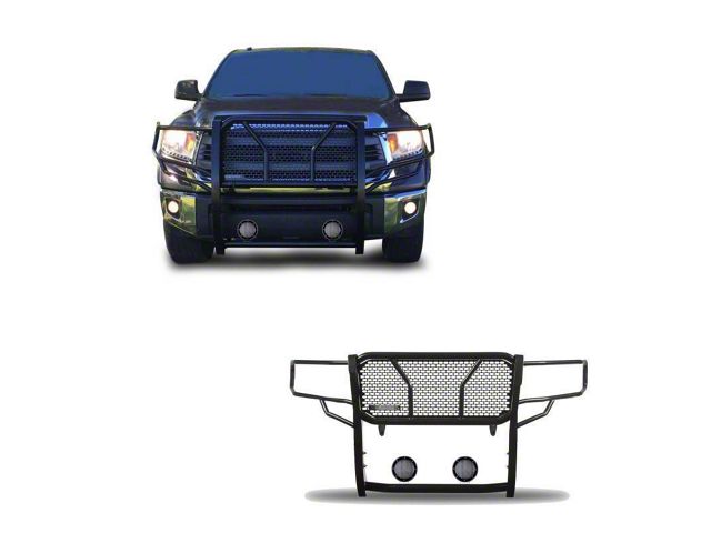 Rugged Heavy Duty Grille Guard with 5.30-Inch Black Round Flood LED Lights; Black (07-21 Tundra, Excluding Platinum)