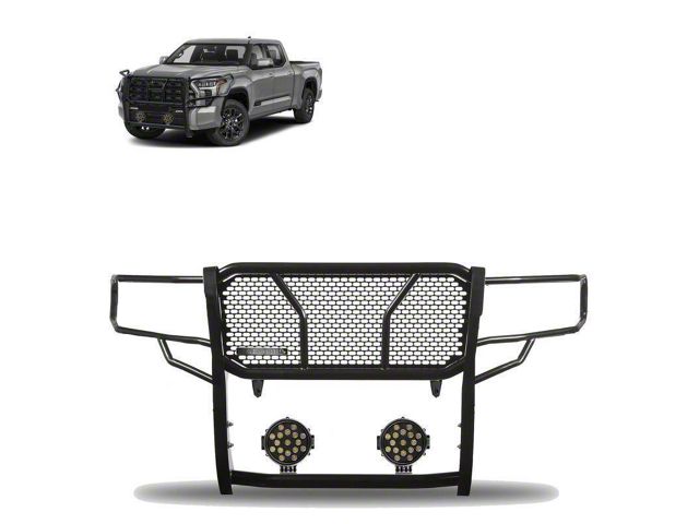 Rugged Heavy Duty Grille Guard with 7-Inch Black Round Flood LED Lights; Black (22-24 Tundra)