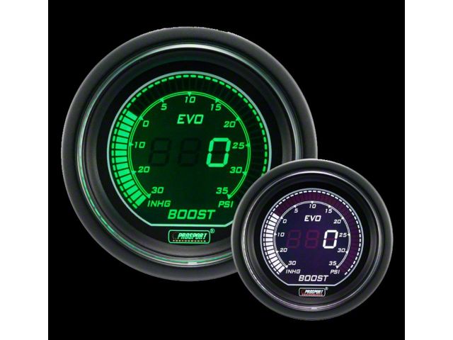 Prosport 52mm EVO Series Boost Gauge; Electrical; 35 PSI; Green/White (Universal; Some Adaptation May Be Required)