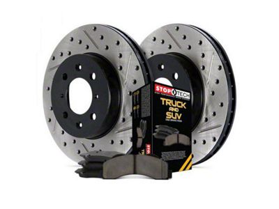 StopTech Truck Axle Slotted and Drilled Brake Rotor and Pad Kit; Front (1999 Jeep Cherokee XJ w/ 3-Inch Cast Rotors)