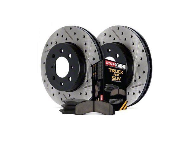 StopTech Truck Axle Slotted and Drilled Brake Rotor and Pad Kit; Front (1999 Jeep Cherokee XJ w/ 3-1/4-Inch Composite Rotors)