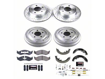 PowerStop Z23 Evolution Brake Rotor, Pad and Drum Kit; Front and Rear (1999 Jeep Cherokee XJ w/ 3-Inch Cast Rotors & 10-Inch Rear Drums; 00-01 Jeep Cherokee XJ w/ 10-Inch Rear Drums)