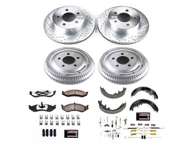 PowerStop Z36 Extreme Truck and Tow Brake Rotor, Pad and Drum Kit; Front and Rear (1999 Jeep Cherokee XJ w/ 3-Inch Cast Rotors & 10-Inch Rear Drums; 00-01 Jeep Cherokee XJ w/ 10-Inch Rear Drums)