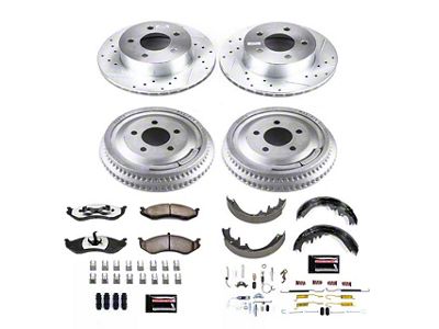 PowerStop Z36 Extreme Truck and Tow Brake Rotor, Pad and Drum Kit; Front and Rear (92-98 Jeep Cherokee XJ w/ 10-Inch Rear Drums; 1999 Jeep Cherokee XJ w/ 3-1/4-Inch Composite Rotors & 10-Inch Rear Drums)